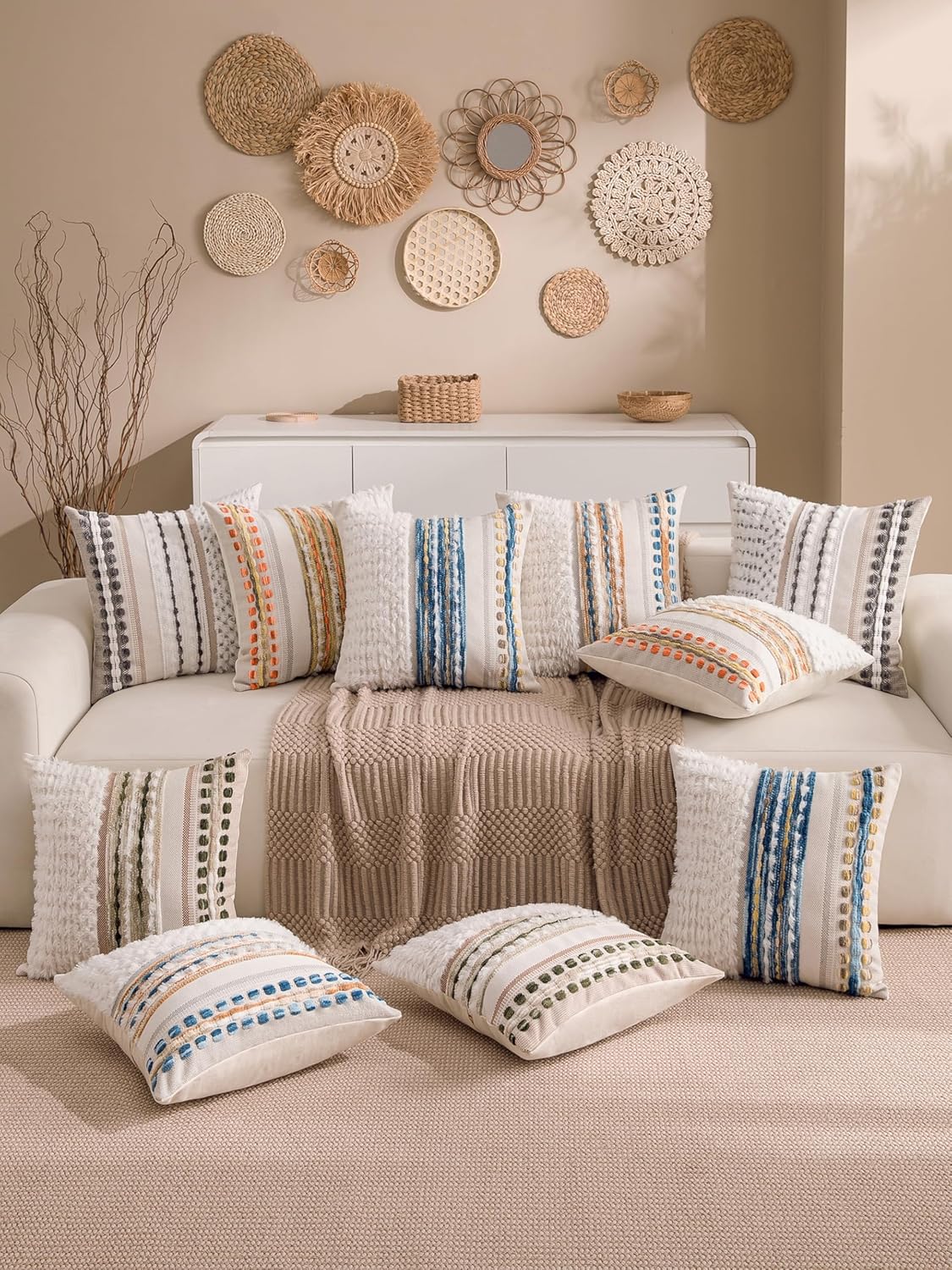 Boho Chenille Tufted Couch Throw Pillow Covers 18x18 Inch Set of 2 Farmhouse Striped Decorative Pillow Covers Accent Neutral Square Pillowcase Green Cushion Covers for Livingroom Sofa Bed