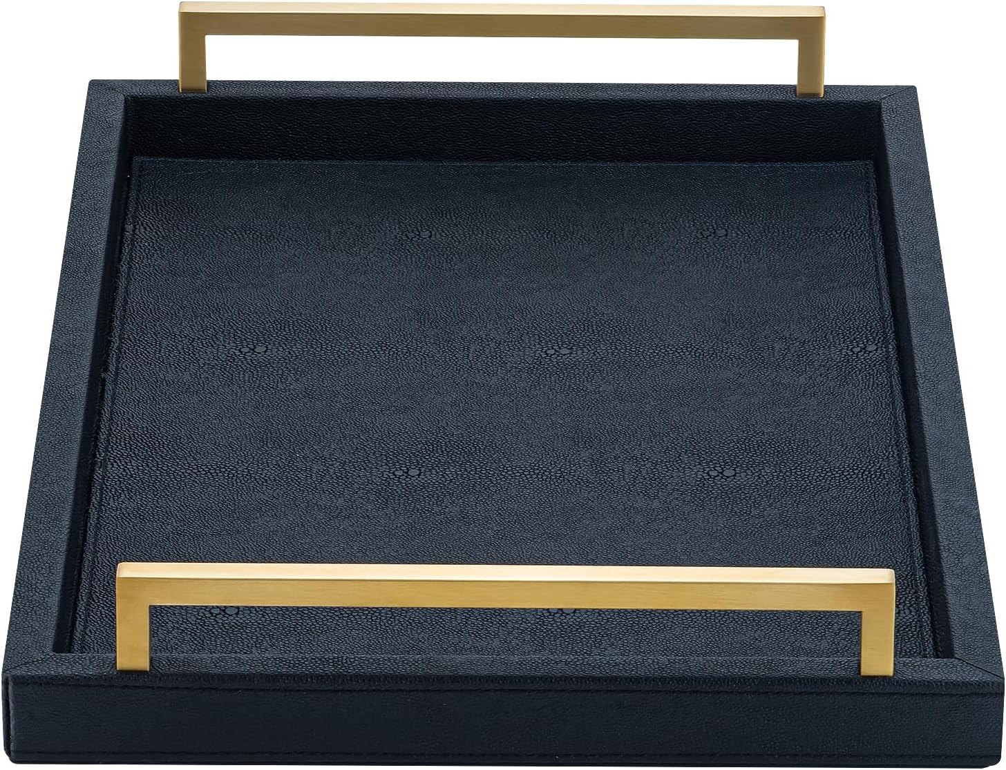 Ivory Shagreen Decorative Tray Large Rectangle Coffee Table Tray for Ottoman Faux Leather Serving Tray with Brushed Gold Handles