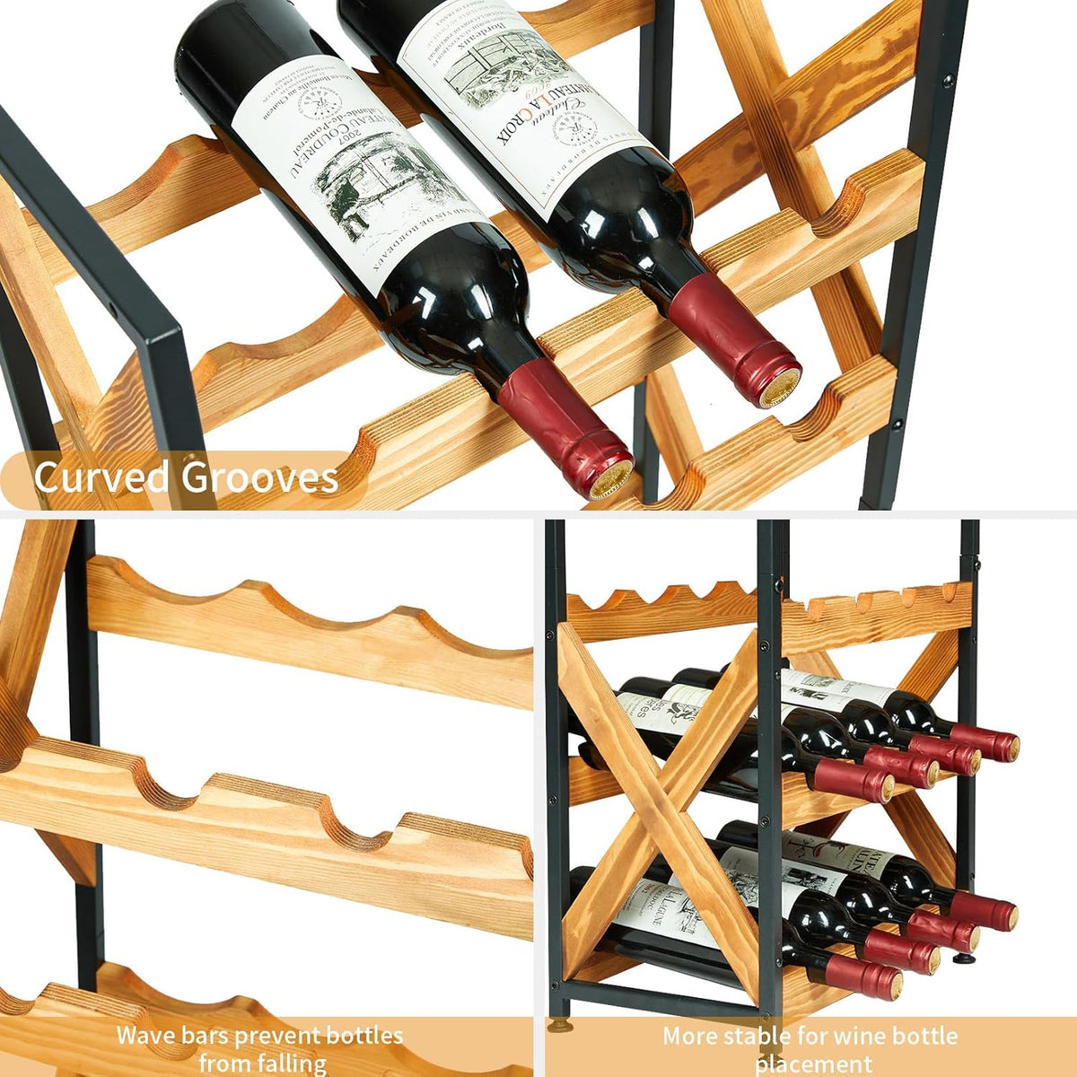 20 Bottle Wine Rack Freestanding Floor with Wood Top,Wobble-Free 5 Tier Wine Display Storage Stand Shelf,Stackable Modular Wine Bottle Holder Rack for Kitchen,Cellar,Living Room