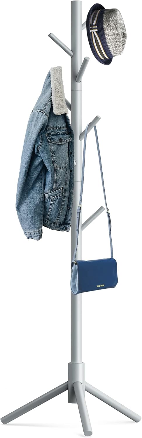 Wooden Tree Coat Rack Stand,Sturdy Freestanding Coat Rack with 8 Hooks,3 Adjustable Height for Child Adult,Wood Coat Stand Tree Fits Entryway Bedroom Office for Bags,Hats