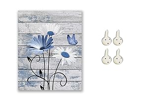 Farmhouse Floral Wall Art for Living Room, Blue and White Daisy Flower and Butterfly on Rustic Wood Board Canvas Wall Art Framed Artwork Ready to Hang for Bathroom Bedroom Decor, 16L X 12W