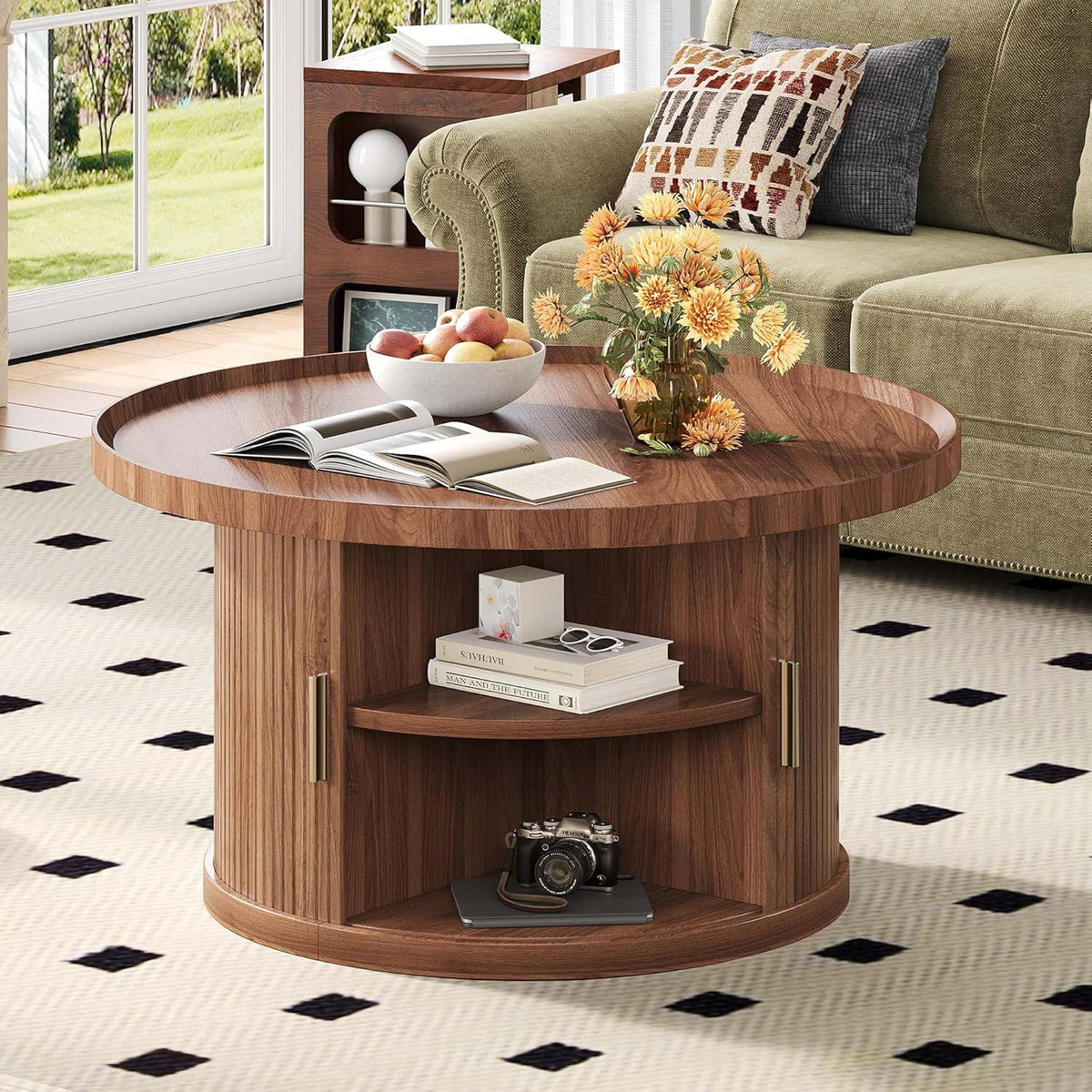 IRONCK Coffee Table, 31.5" Round Coffee Table with Storage & Sliding Tambour Door, Fluted Center Table for Living Room, Small Space, Mid Century Modern, Walnut