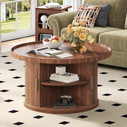 IRONCK Coffee Table, 31.5" Round Coffee Table with Storage & Sliding Tambour Door, Fluted Center Table for Living Room, Small Space, Mid Century Modern, Walnut
