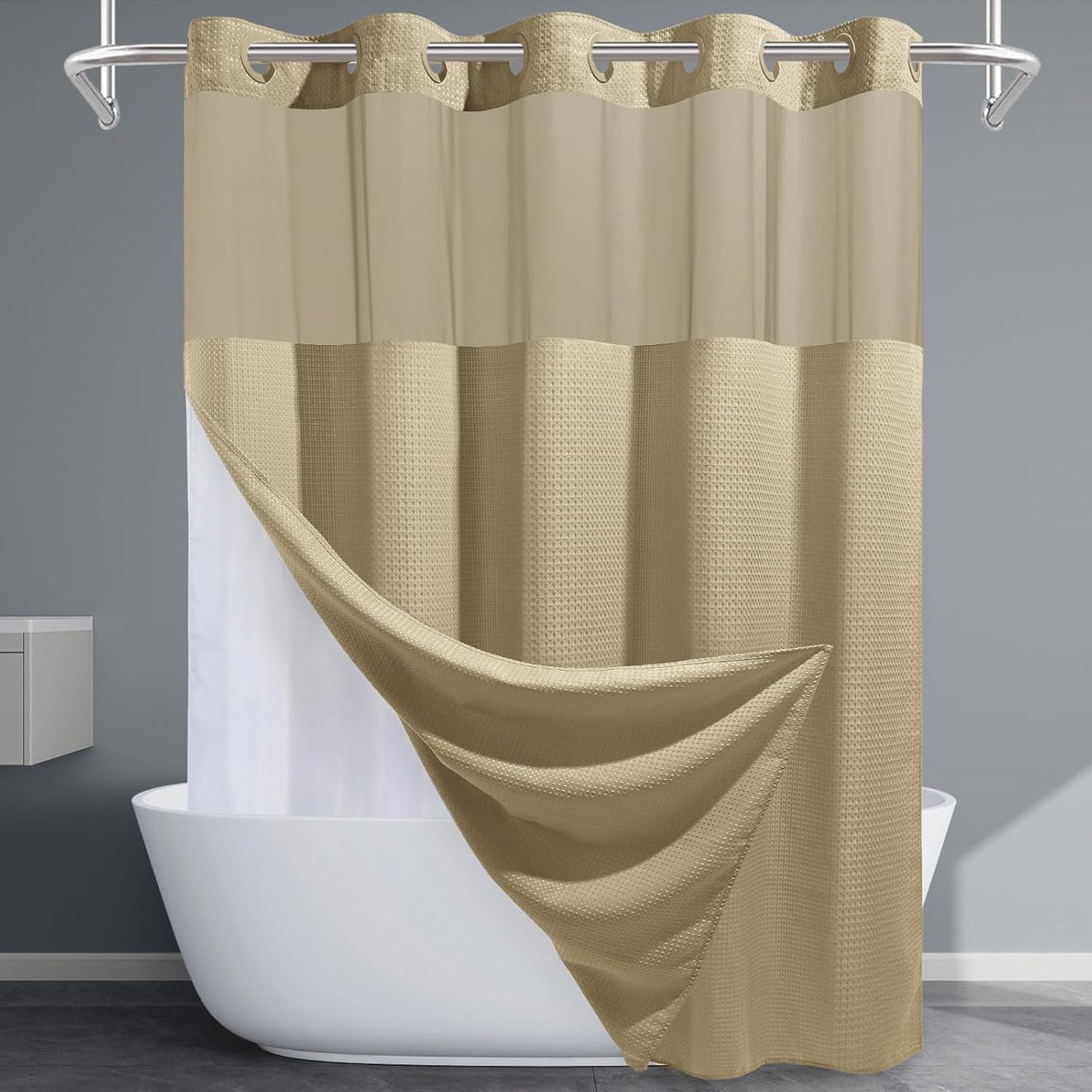 Grey Shower Curtain and Liner Set - 230GSM Waffle Weave Textured Heavy Duty,Hotel Luxury Weighted Bath Curtain,71W x 74H