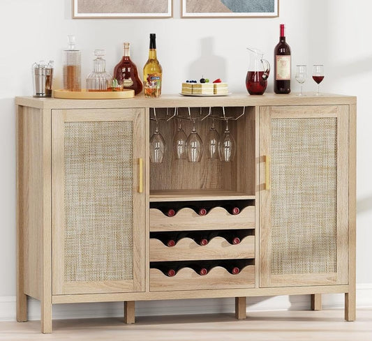 Rattan Wine Bar Cabinet, Boho Rattan Home Bar with Glass Holder and Drawer Style Racks, Oak Sideboard Buffet Storage Cabinet for Living Dining Room Kitchen