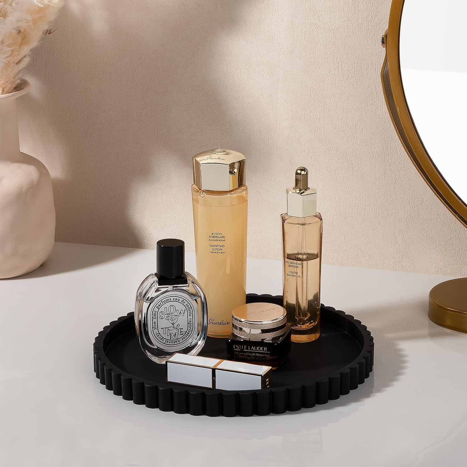 Round Bathroom Tray Silicone Kitchen Counter Decor Vanity Organizer Decorative Coffee Table Tray for Perfume, Candle, Soap Dish, 9 Inch, Black