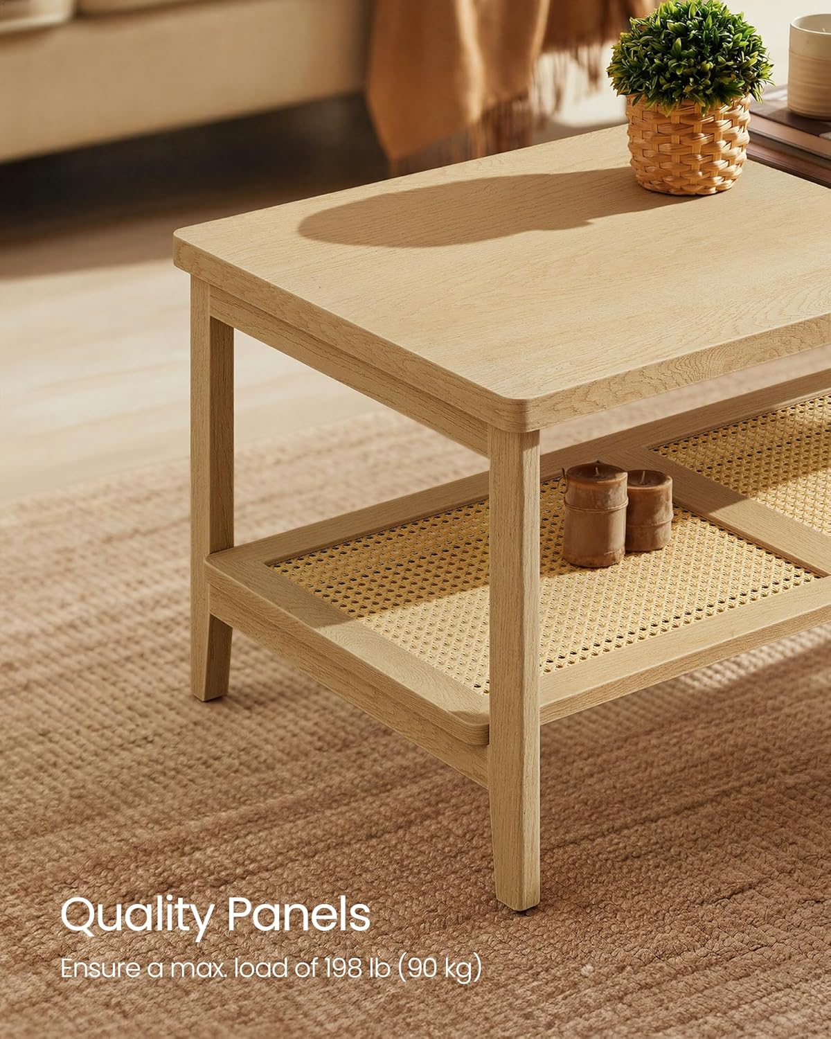 VASAGLE 2-Tier Coffee Table for Living Room, Rectangular Living Room Table, with PVC Rattan Storage Shelf, Rounded Corners, Easy Assembly, Boho Style, 21.7 x 39.4 x 17.7 Inches, Oak Beige ULCT240Y57