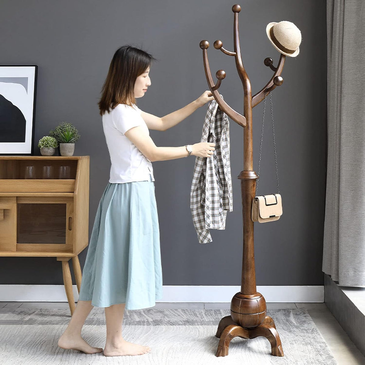 Coat Rack Freestanding Wood Coat Tree Rack with 8 Hooks, Creative Design Tree Branch-look, Standing Coat Rack Clothes Hanger Stand with Stury Base for Entryway, Hallway, Bedroom - Load 160lb (Walnut)