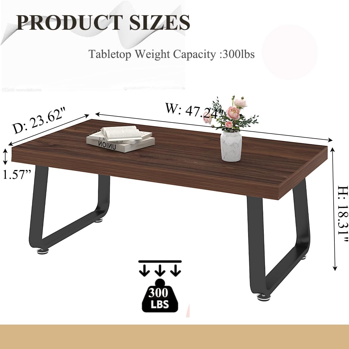 HSH Rustic Walnut Coffee Table, Modern Center Table, Rectangle Industrial Living Room Coffee Table, Simple Farmhouse Wood and Metal Tea Table for Home Bedroom Office, Walnut, 47 in