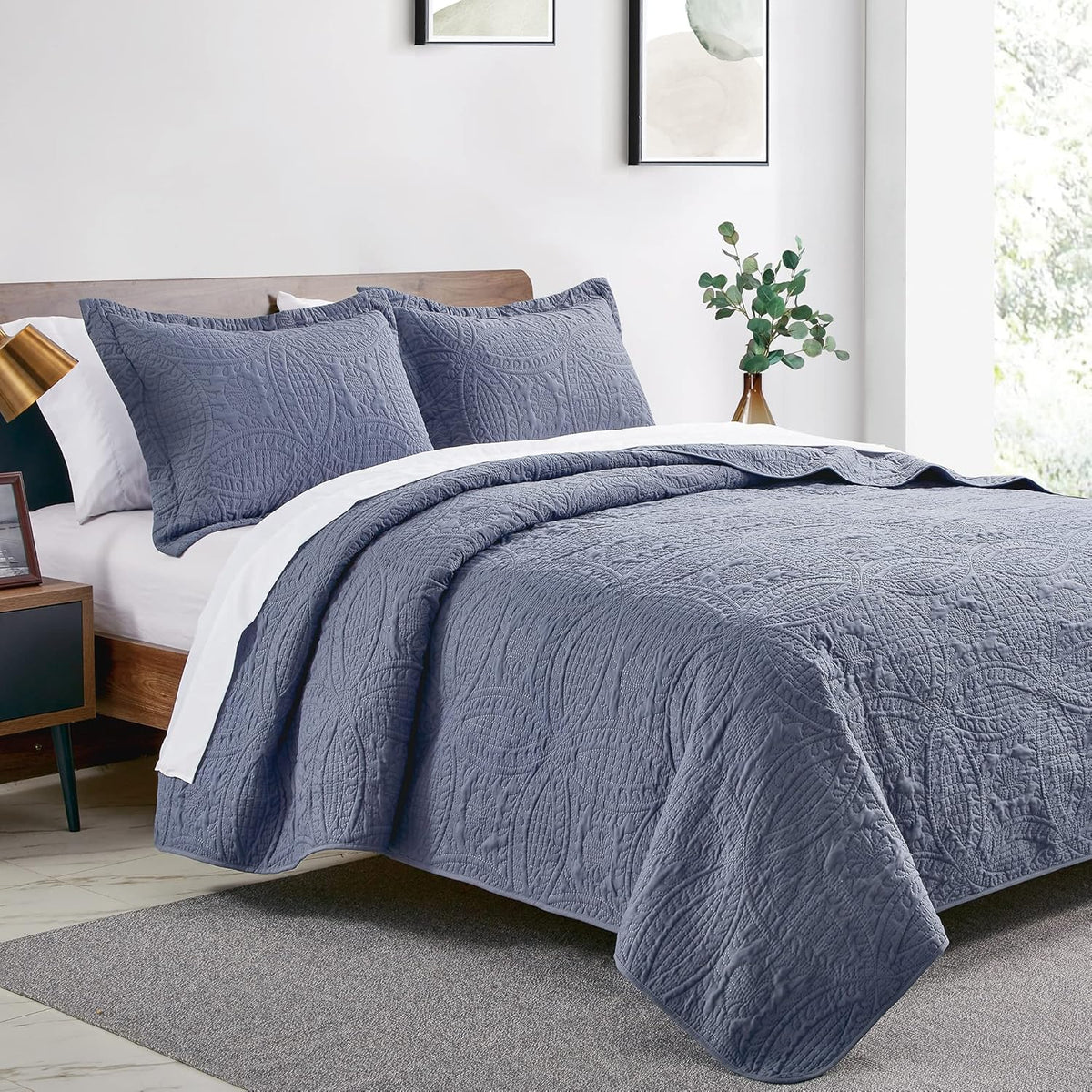 Love's cabin Quilts for Queen Bed Blue Bedspreads - Soft Bed Summer Lightweight Bedspread Comforter - Modern Style Coin Pattern Coverlet for All Season - 3 Pieces (1 Quilt, 2 Pillow Shams)