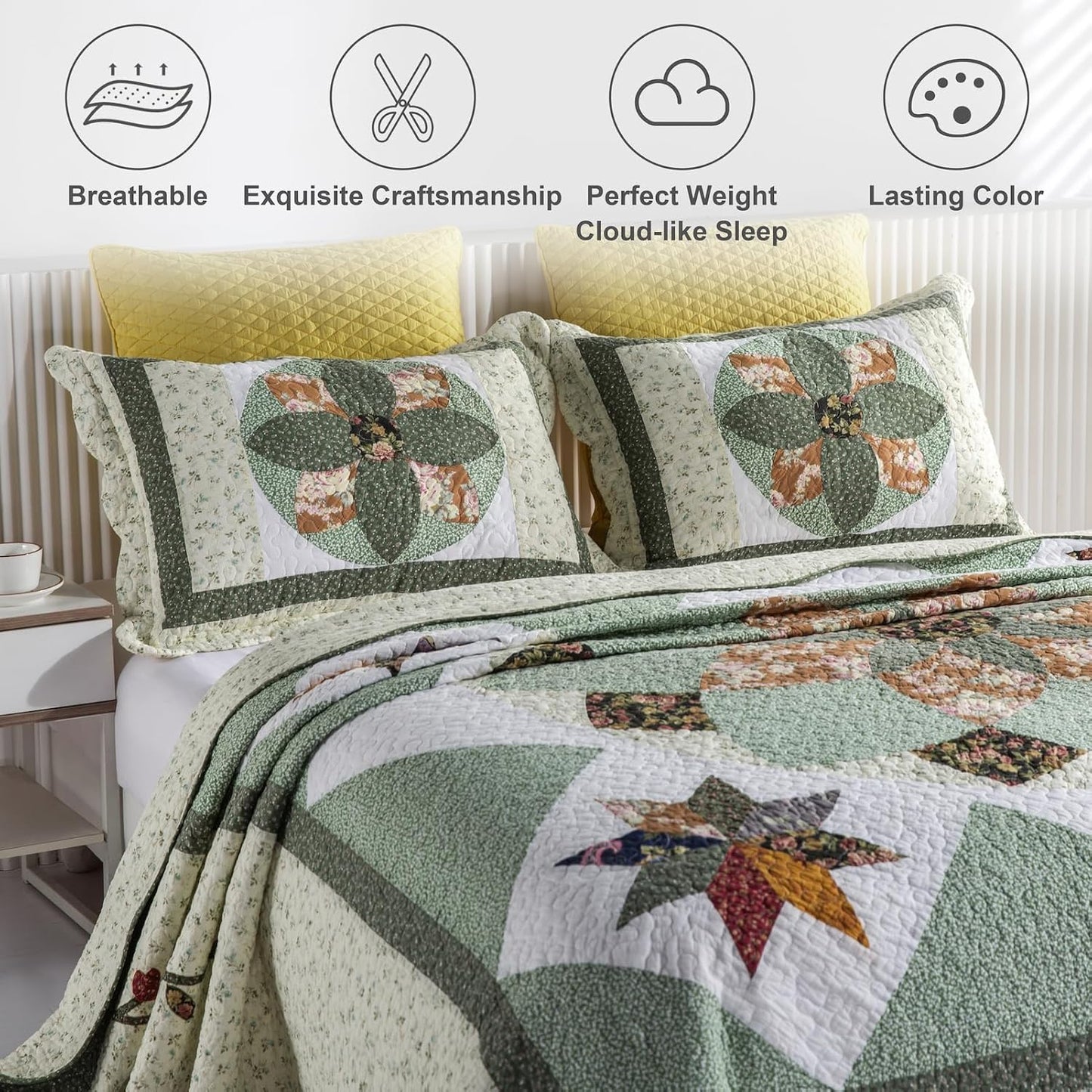 Quilts Queen Size Patchwork Bedspread Set - 100% Cotton Reversible Breathable Green Earth Geometric Quilted Quilt with Pillow Shams for All Seasons