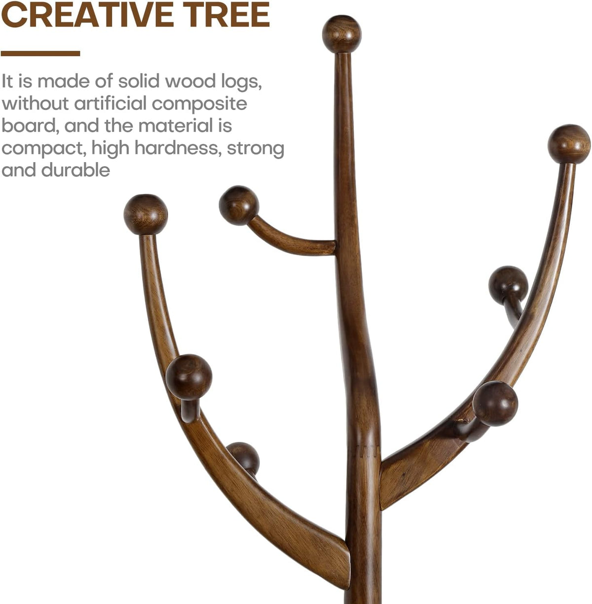 Coat Rack Freestanding Wood Coat Tree Rack with 8 Hooks, Creative Design Tree Branch-look, Standing Coat Rack Clothes Hanger Stand with Stury Base for Entryway, Hallway, Bedroom - Load 160lb (Walnut)