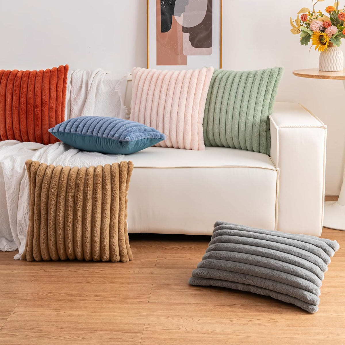 Pack of 2 Faux Fur Christmas Throw Pillow Covers 18x18 Inch, Soft Plush Striped Neutral Couch Pillow Cover, with Velvet Back Modern Home Decor for Sofa Living Room Couch Bed Cream White