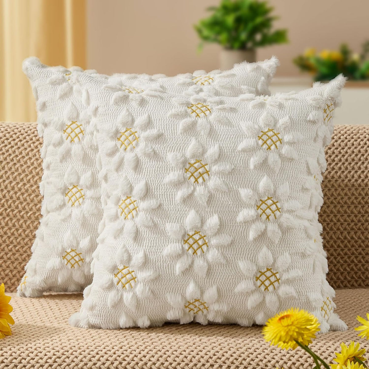 DFXSZ Spring Summer Pillow Covers 18x18 inch Set of 2 Farmhouse Decor Yellow Color Flower Heart Sunflower Soft Plush Faux Fur Jacquard Throw Pillows for Sofa Holiday Spring Home Decor PTK024C18