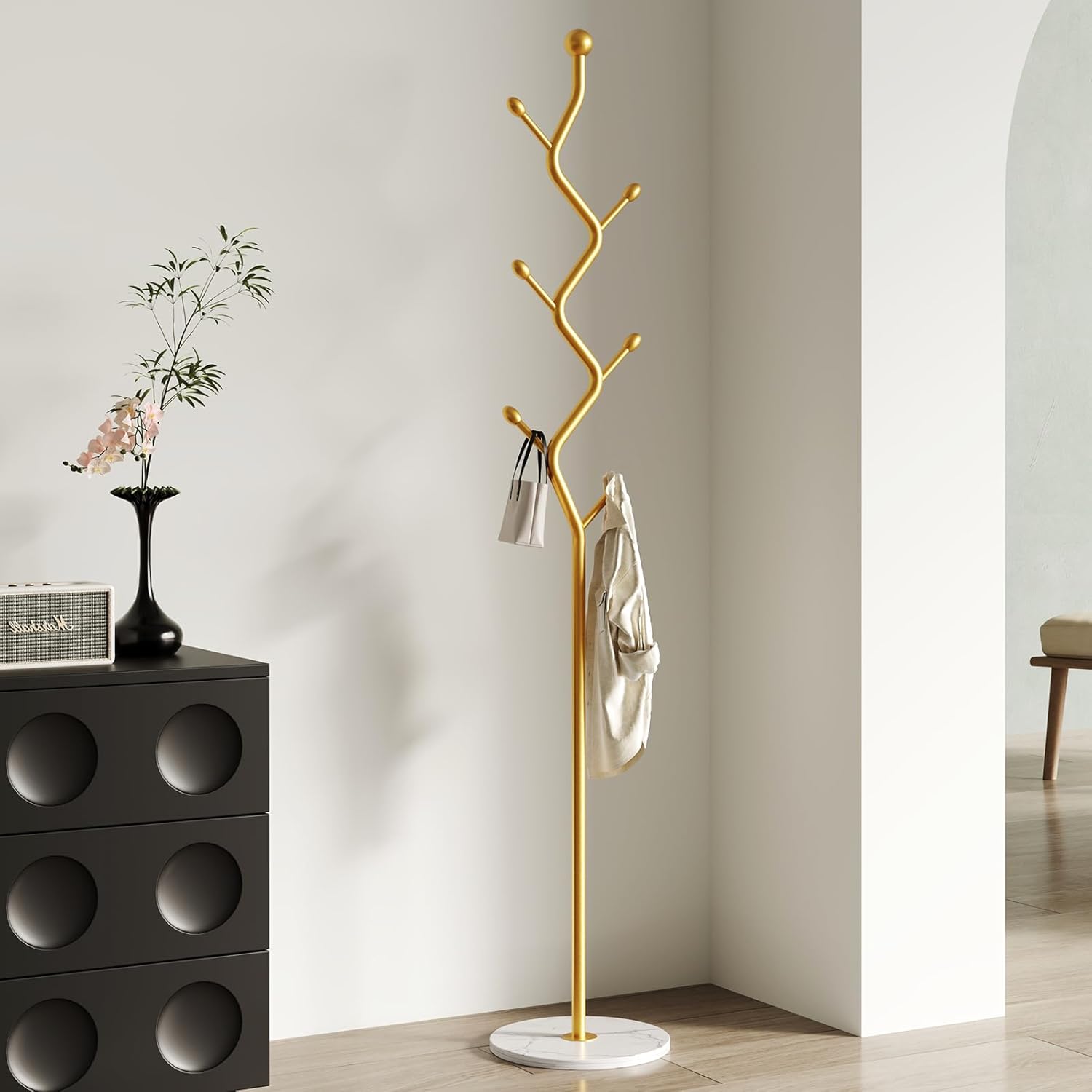Tree Branch-Look Coat Rack Freestanding with 6 Hooks & Sturdy Marble base Metal Clothes Hanger Stand for Entryway/Mudroom/Bedroom/Hallway/Home Office (Matte black)