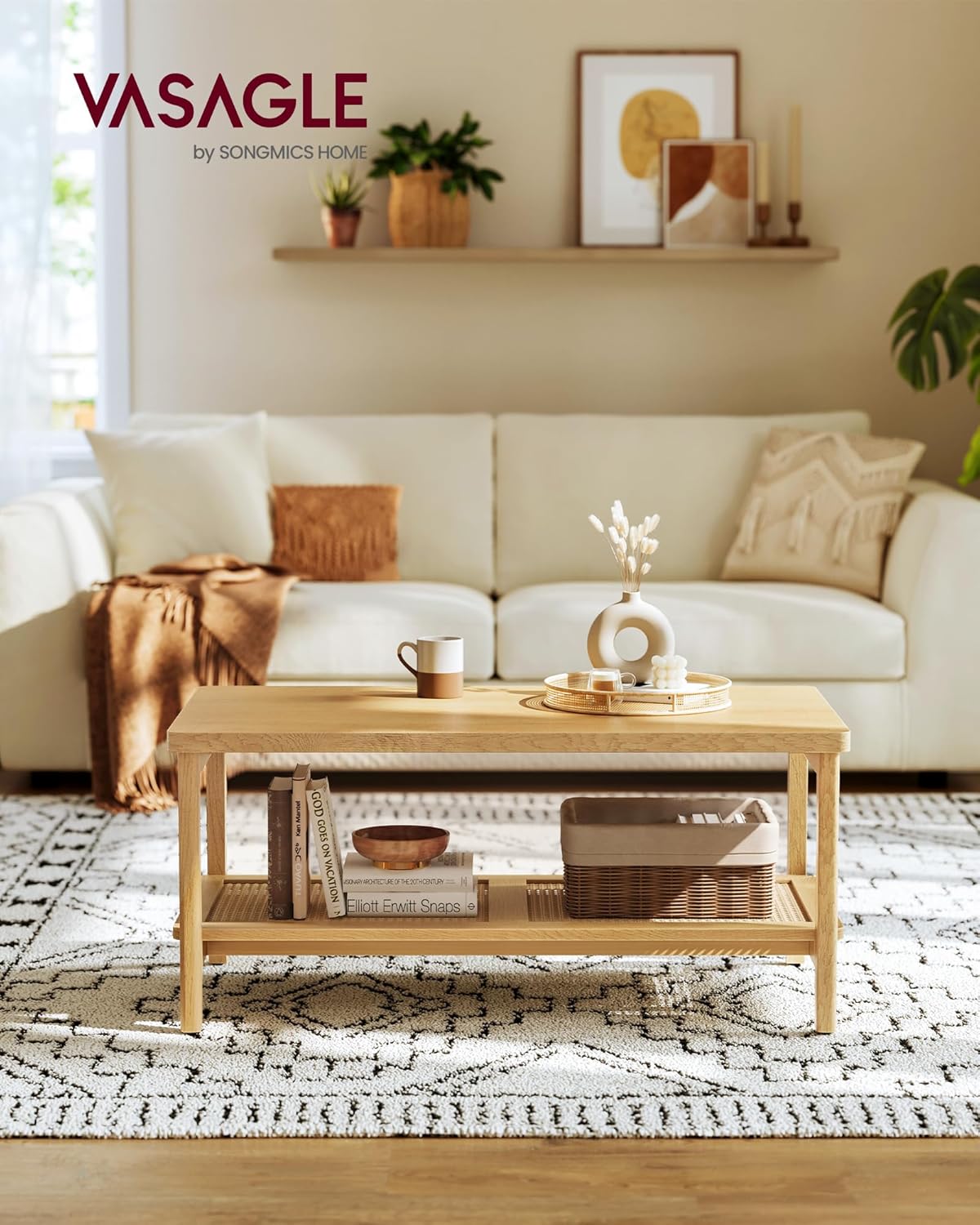 VASAGLE 2-Tier Coffee Table for Living Room, Rectangular Living Room Table, with PVC Rattan Storage Shelf, Rounded Corners, Easy Assembly, Boho Style, 21.7 x 39.4 x 17.7 Inches, Oak Beige ULCT240Y57