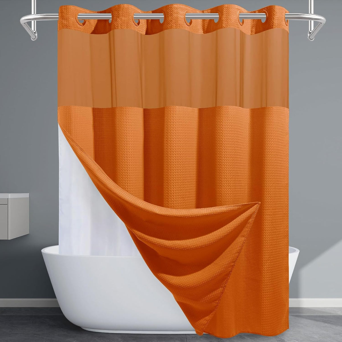 Grey Shower Curtain and Liner Set - 230GSM Waffle Weave Textured Heavy Duty,Hotel Luxury Weighted Bath Curtain,71W x 74H