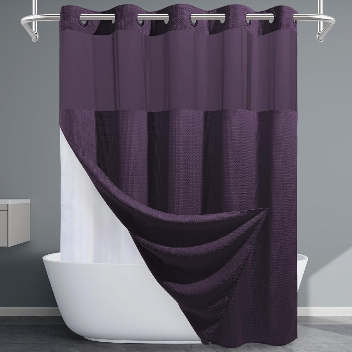 Grey Shower Curtain and Liner Set - 230GSM Waffle Weave Textured Heavy Duty,Hotel Luxury Weighted Bath Curtain,71W x 74H