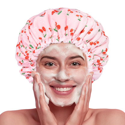 Shower Cap for Women Terry Lined Bath Cap Large Reusable Waterproof Elastic Band Pink Shower Caps for Long Thick Hair Soft Bath Shower Hair Caps