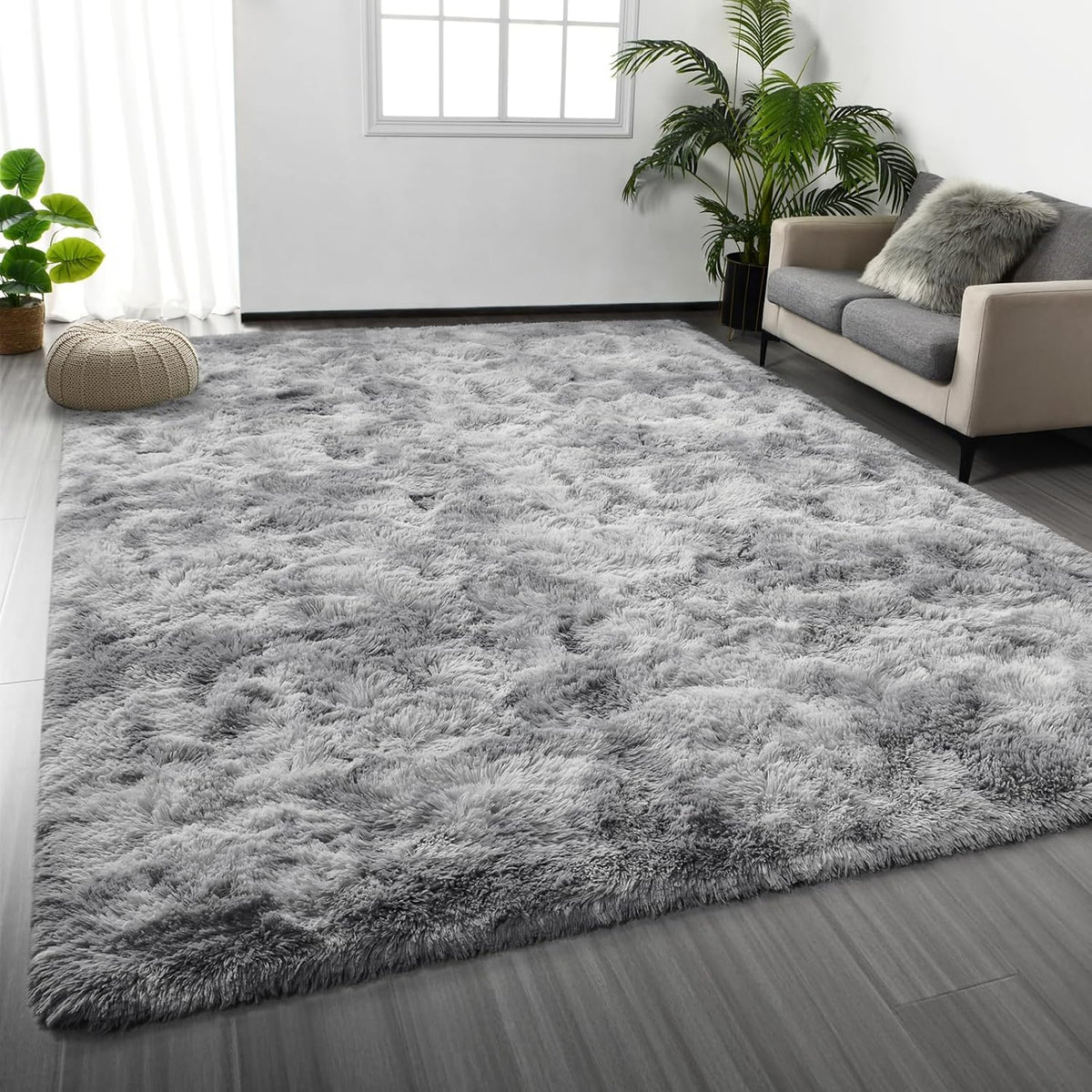 Large Shag Area Rugs 6 x 9, Tie-Dyed Plush Fuzzy Rug for Living Room, Ultra Soft Fluffy Furry Rugs for Bedroom, Indoor Carpet Nursery Rugs for Kids Room Home Decor, Light Grey