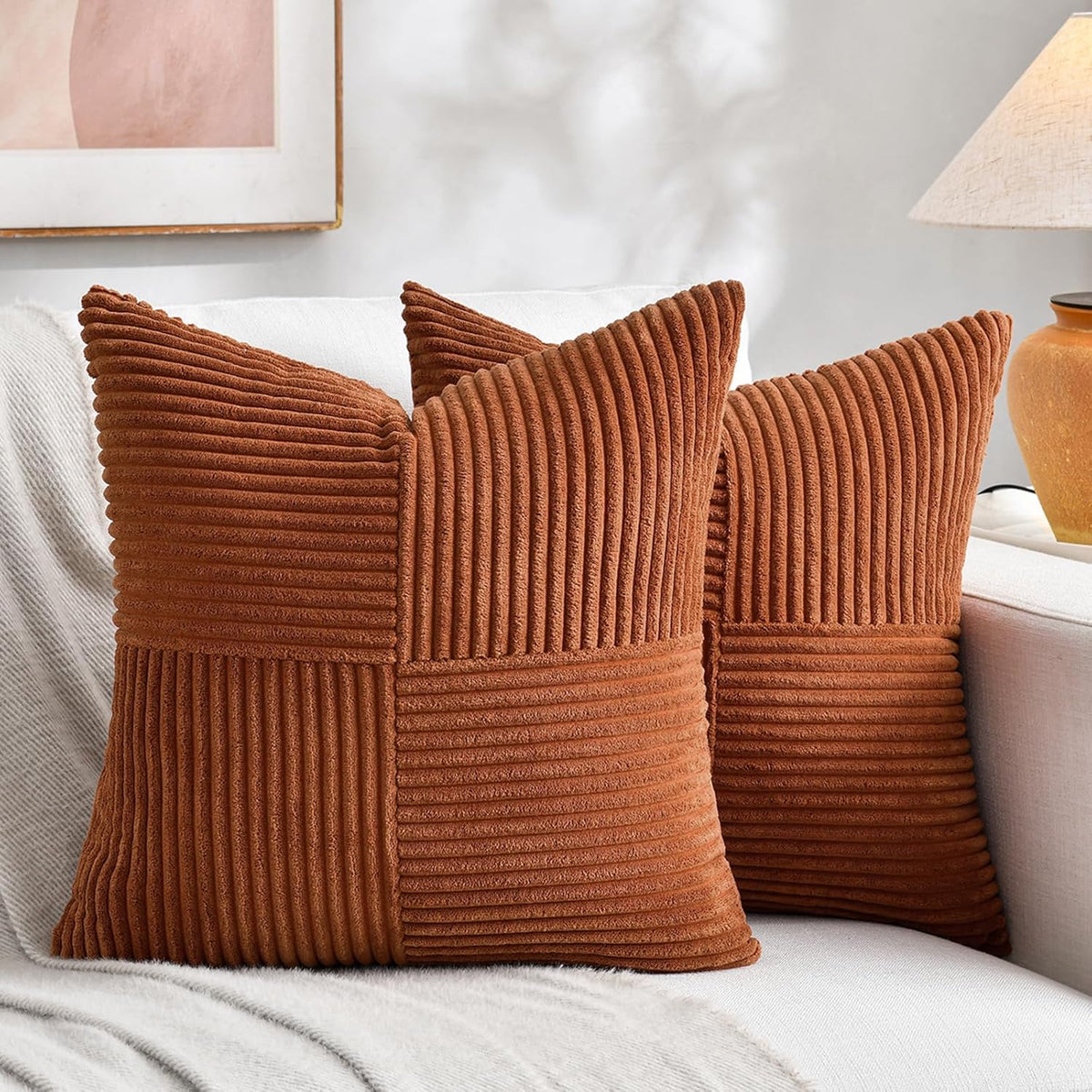 Fancy Homi 2 Packs Rust Boho Decorative Throw Pillow Covers 18x18 Inch for Couch Bed Sofa, Farmhouse Fall Home Decor, Soft Corss Corduroy Patchwork Textured Terracotta Accent Cushion Case 45x45 cm