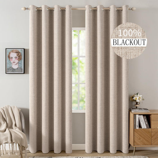 100% Blackout Linen Textured Curtains for Bedroom Solid Thermal Insulated Natural Beige Grommet Room Darkening Curtains & Drapes Luxury Decor for Living Room Nursery 52 x 84 Inch (2 Panels)