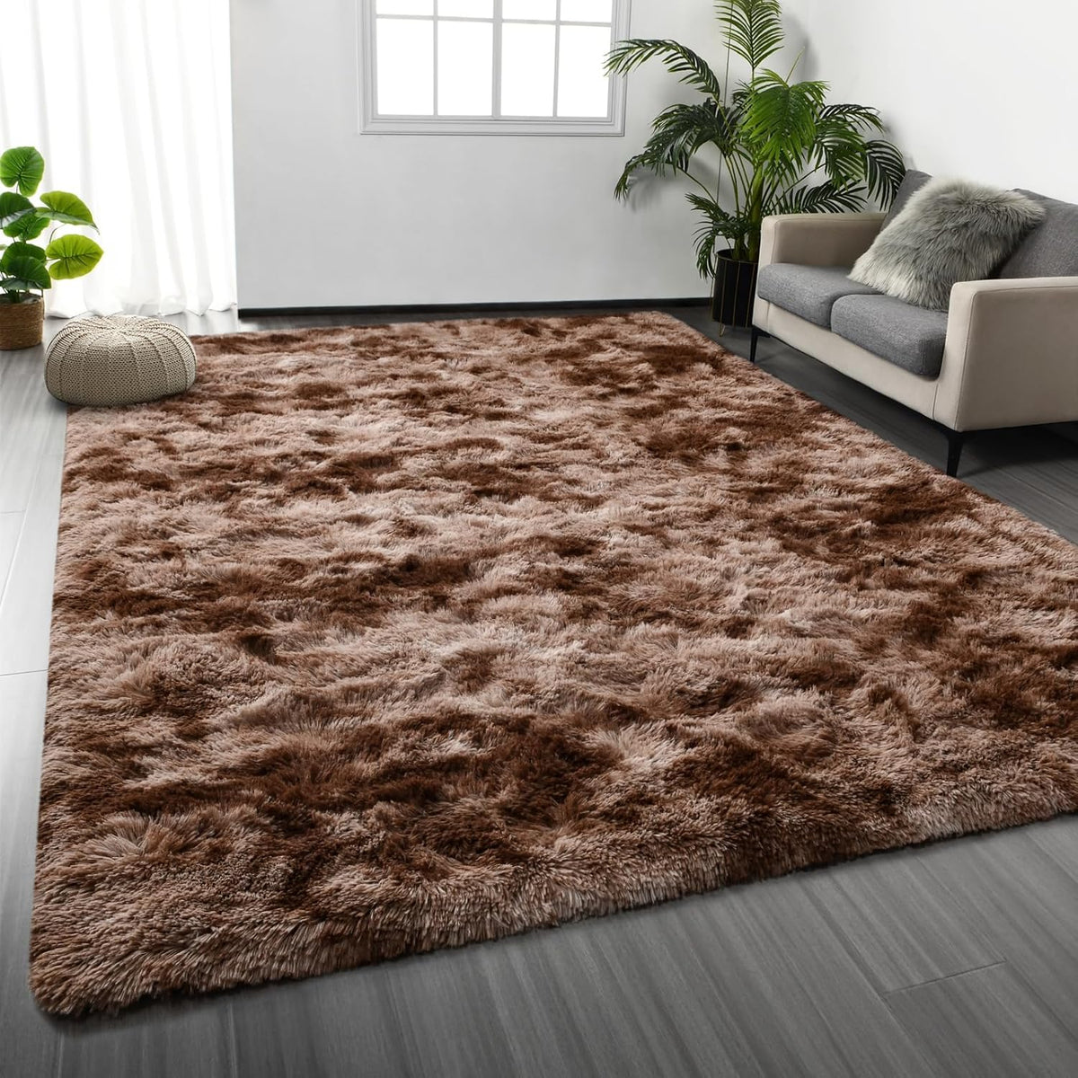 Large Shag Area Rugs 6 x 9, Tie-Dyed Plush Fuzzy Rug for Living Room, Ultra Soft Fluffy Furry Rugs for Bedroom, Indoor Carpet Nursery Rugs for Kids Room Home Decor, Light Grey