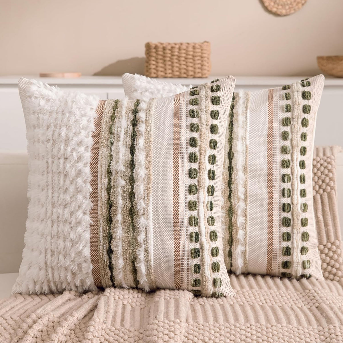 Boho Chenille Tufted Couch Throw Pillow Covers 18x18 Inch Set of 2 Farmhouse Striped Decorative Pillow Covers Accent Neutral Square Pillowcase Green Cushion Covers for Livingroom Sofa Bed