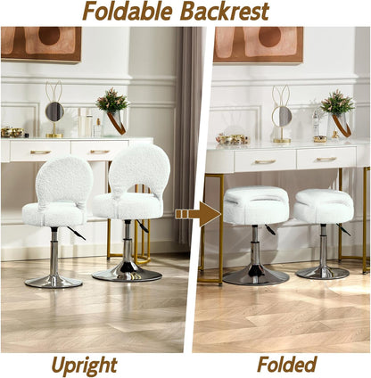 Small Vanity Chair, 360 Swivel Vanity Stool with Folding Back for Teenager, Comfy Teddy Ottoman Stool for Bedroom, Dressing Room, Teddy Fabric, White