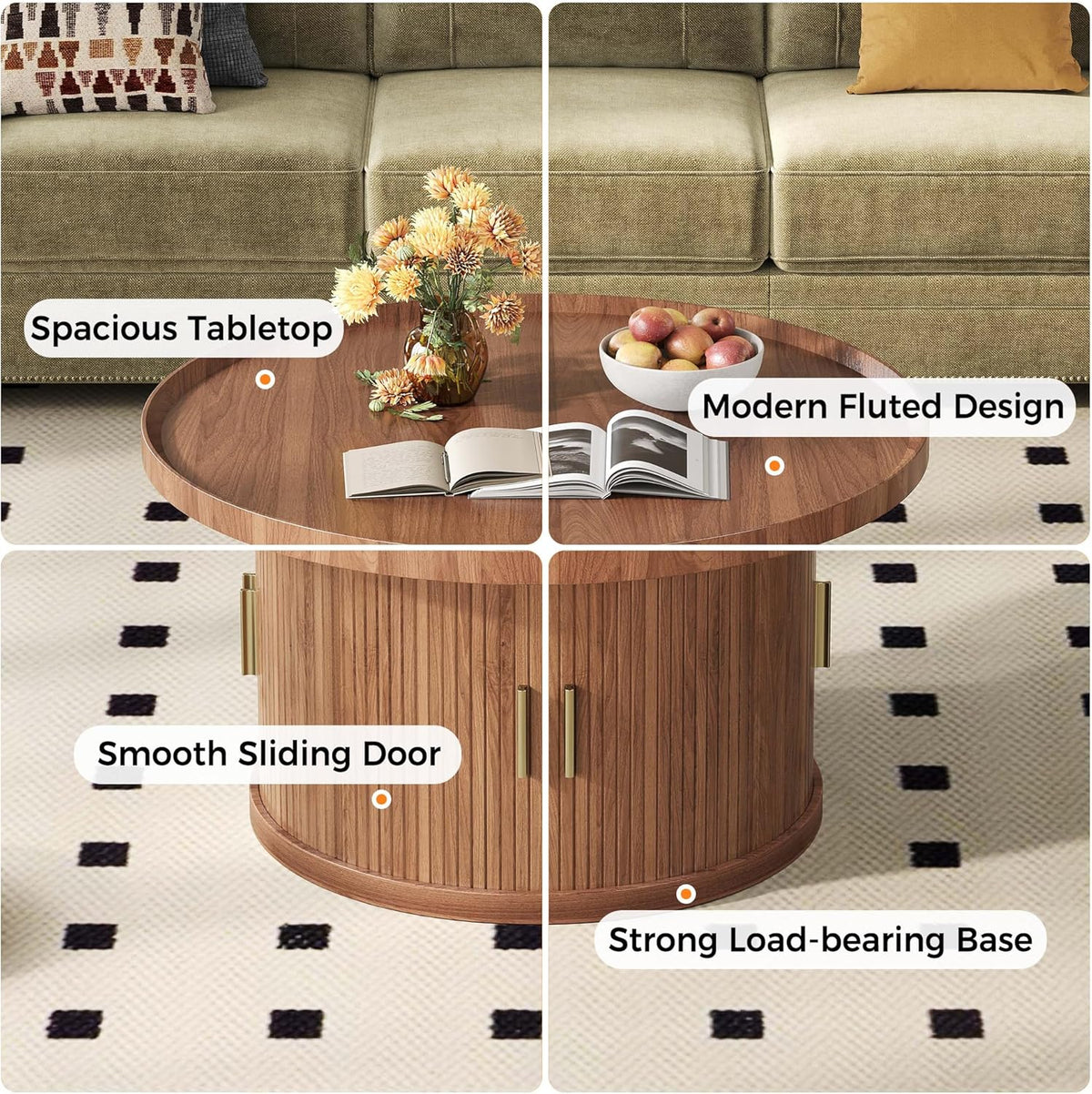 IRONCK Coffee Table, 31.5" Round Coffee Table with Storage & Sliding Tambour Door, Fluted Center Table for Living Room, Small Space, Mid Century Modern, Walnut