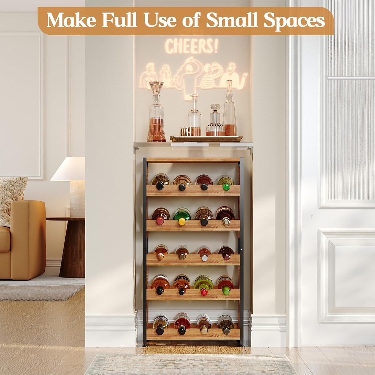 20 Bottle Wine Rack Freestanding Floor with Wood Top,Wobble-Free 5 Tier Wine Display Storage Stand Shelf,Stackable Modular Wine Bottle Holder Rack for Kitchen,Cellar,Living Room