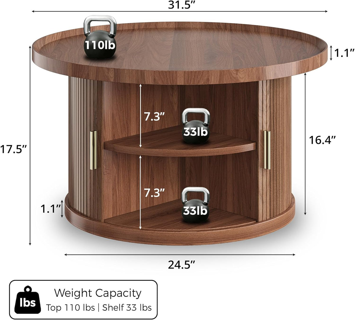 IRONCK Coffee Table, 31.5" Round Coffee Table with Storage & Sliding Tambour Door, Fluted Center Table for Living Room, Small Space, Mid Century Modern, Walnut