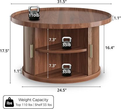IRONCK Coffee Table, 31.5" Round Coffee Table with Storage & Sliding Tambour Door, Fluted Center Table for Living Room, Small Space, Mid Century Modern, Walnut