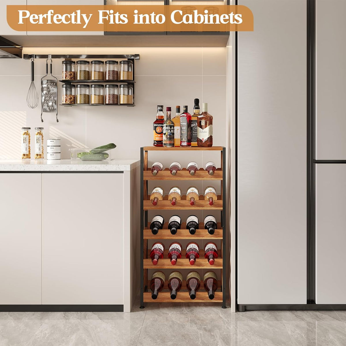 20 Bottle Wine Rack Freestanding Floor with Wood Top,Wobble-Free 5 Tier Wine Display Storage Stand Shelf,Stackable Modular Wine Bottle Holder Rack for Kitchen,Cellar,Living Room