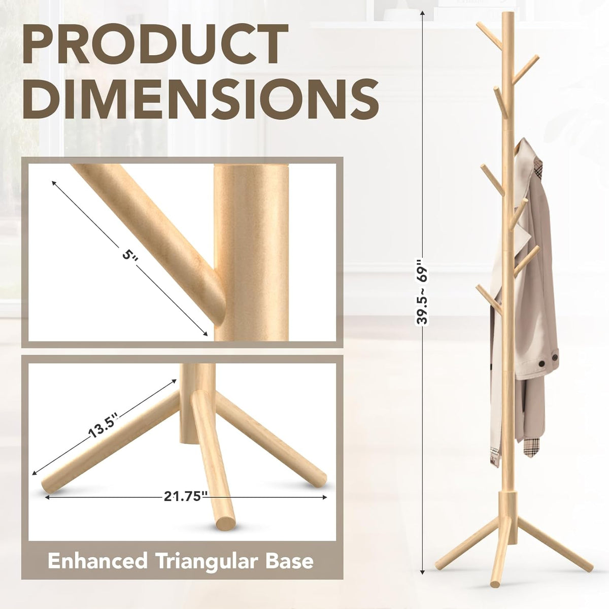 Wooden Tree Coat Rack Stand,Sturdy Freestanding Coat Rack with 8 Hooks,3 Adjustable Height for Child Adult,Wood Coat Stand Tree Fits Entryway Bedroom Office for Bags,Hats