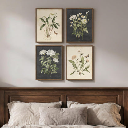 Framed Vintage Botanical Wall Art Bedroom, 4 Piece Rustic Farmhouse Floral Canvas Prints Artwork, Neutral Flower Butterfly Pictures for Modern Farmhouse Living Room Kitchen Bathroom Wall Decor, 11x14