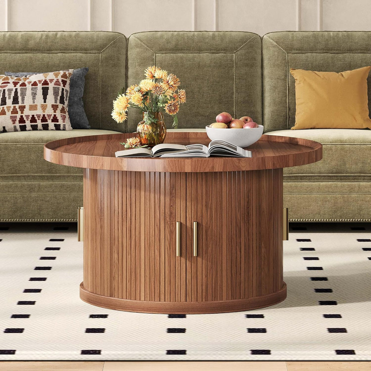 IRONCK Coffee Table, 31.5" Round Coffee Table with Storage & Sliding Tambour Door, Fluted Center Table for Living Room, Small Space, Mid Century Modern, Walnut