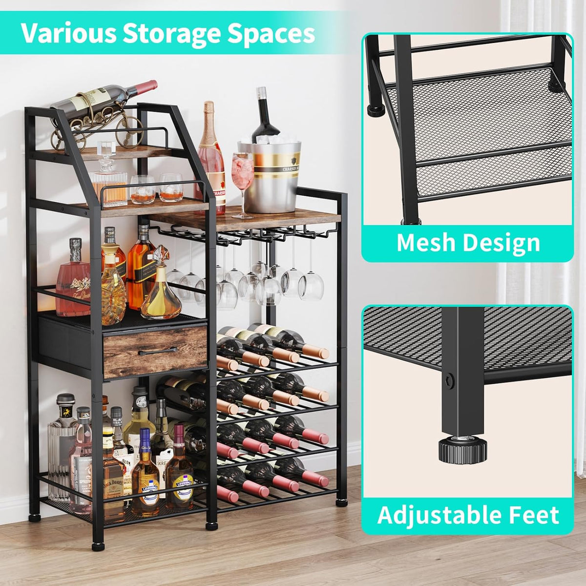 HapiRm Wine Rack Freestanding Floor - Multi-Tier Liquor Cabinet with Fabric Drawer, Liquor Bottle Display Shelf with Glass Holder, Vintage Whiskey Cabinet for Home