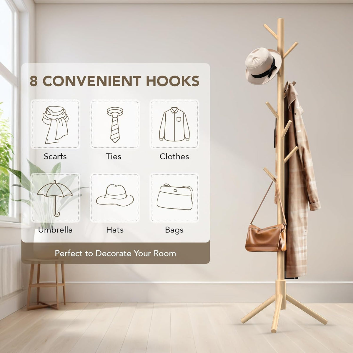 Wooden Tree Coat Rack Stand,Sturdy Freestanding Coat Rack with 8 Hooks,3 Adjustable Height for Child Adult,Wood Coat Stand Tree Fits Entryway Bedroom Office for Bags,Hats