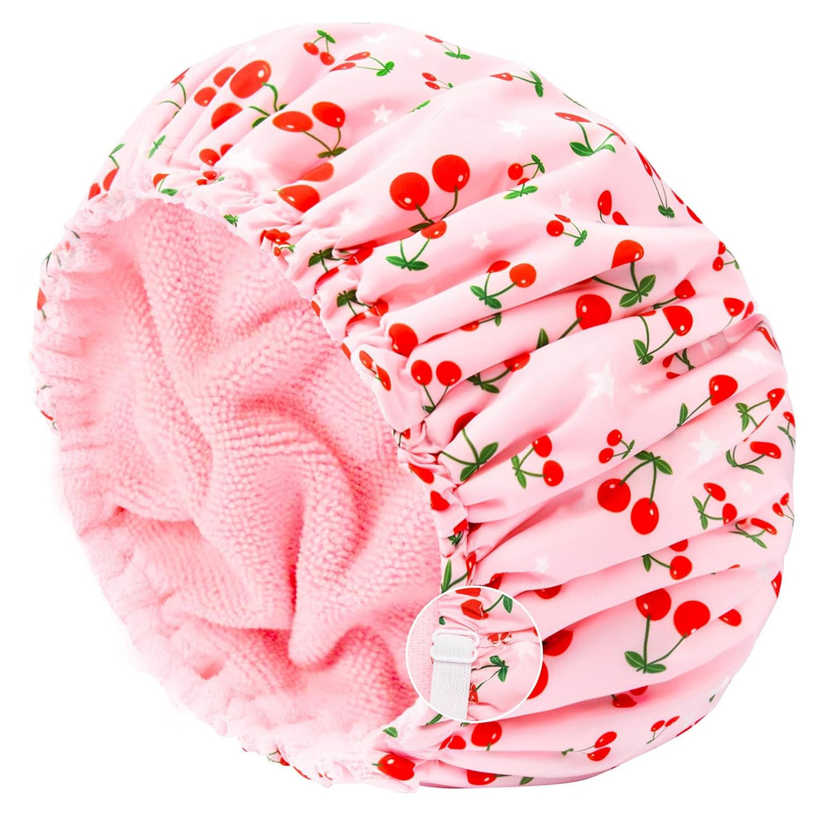 Shower Cap for Women Terry Lined Bath Cap Large Reusable Waterproof Elastic Band Pink Shower Caps for Long Thick Hair Soft Bath Shower Hair Caps